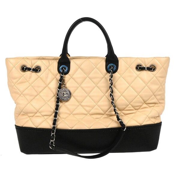 Chanel Beige Black Calfskin Gabrielle 2way Tote Shoulder Bag - Picture 1 of 14
